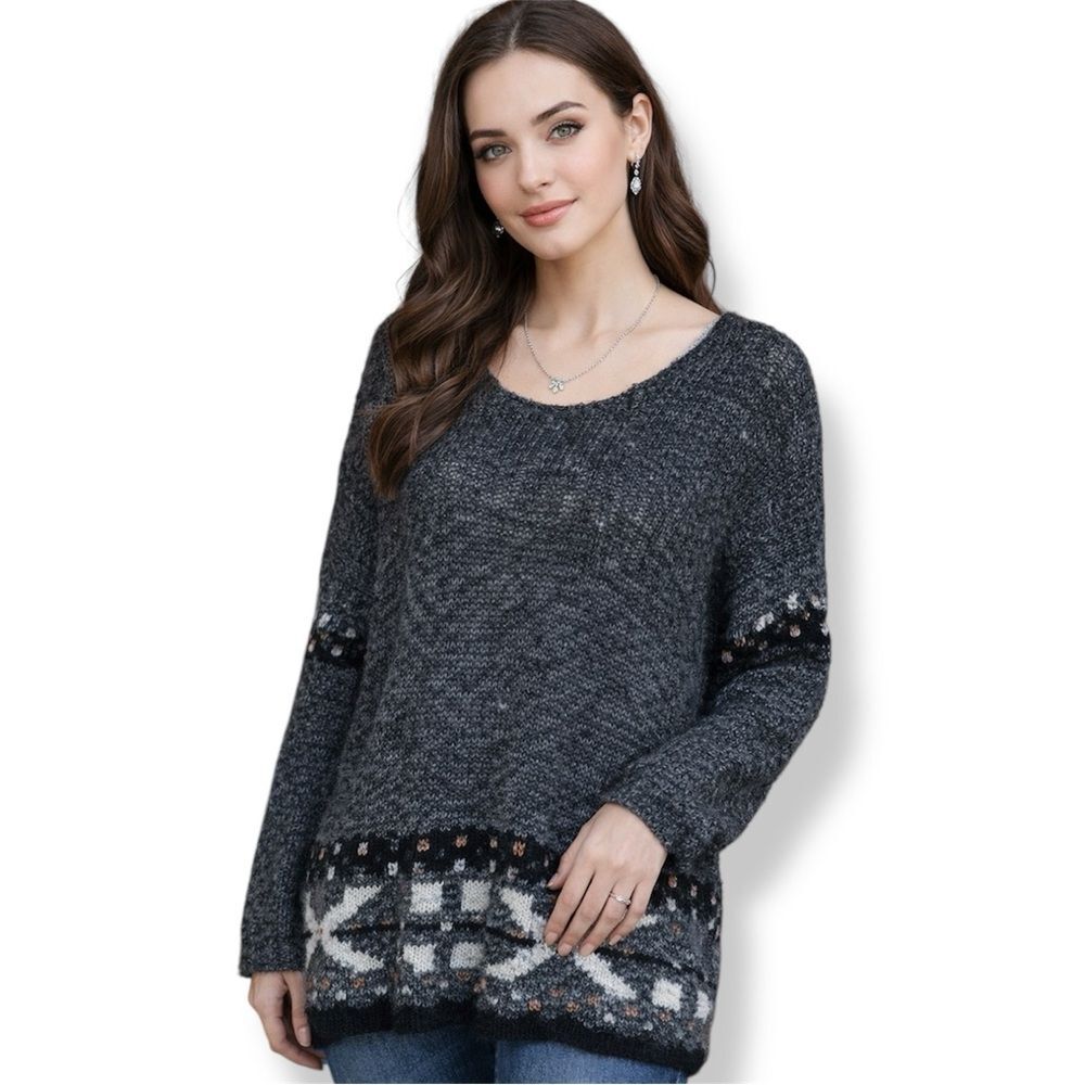 Free People Wool Mohair Charcoal and Black Patterned Fair Isle Cozy Sweater